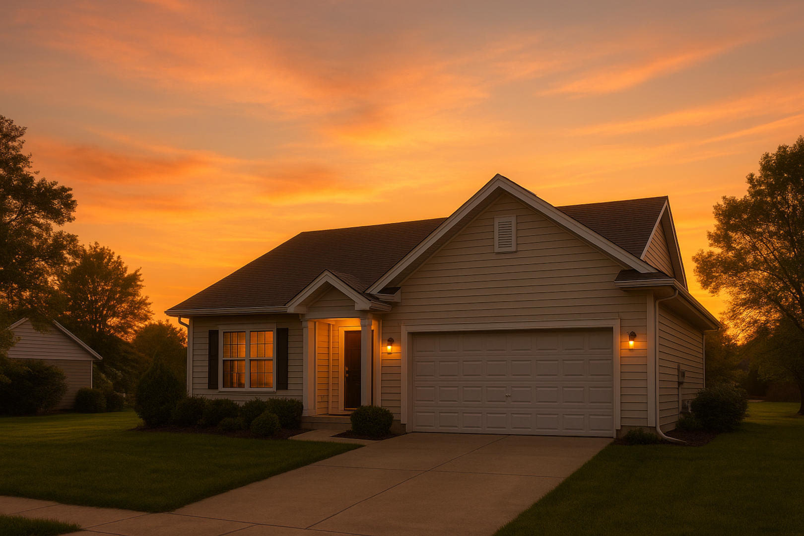 A single-story home beneath a warm sunset