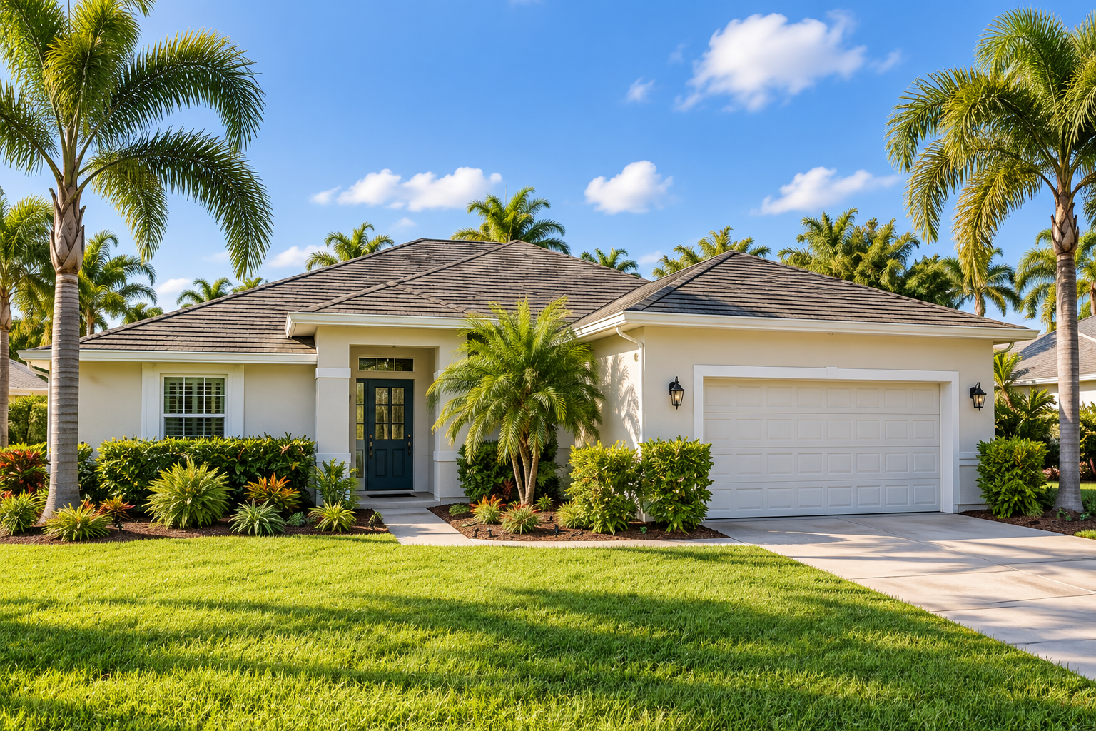 A welcoming Florida home with palm trees and a green lawn in daylight